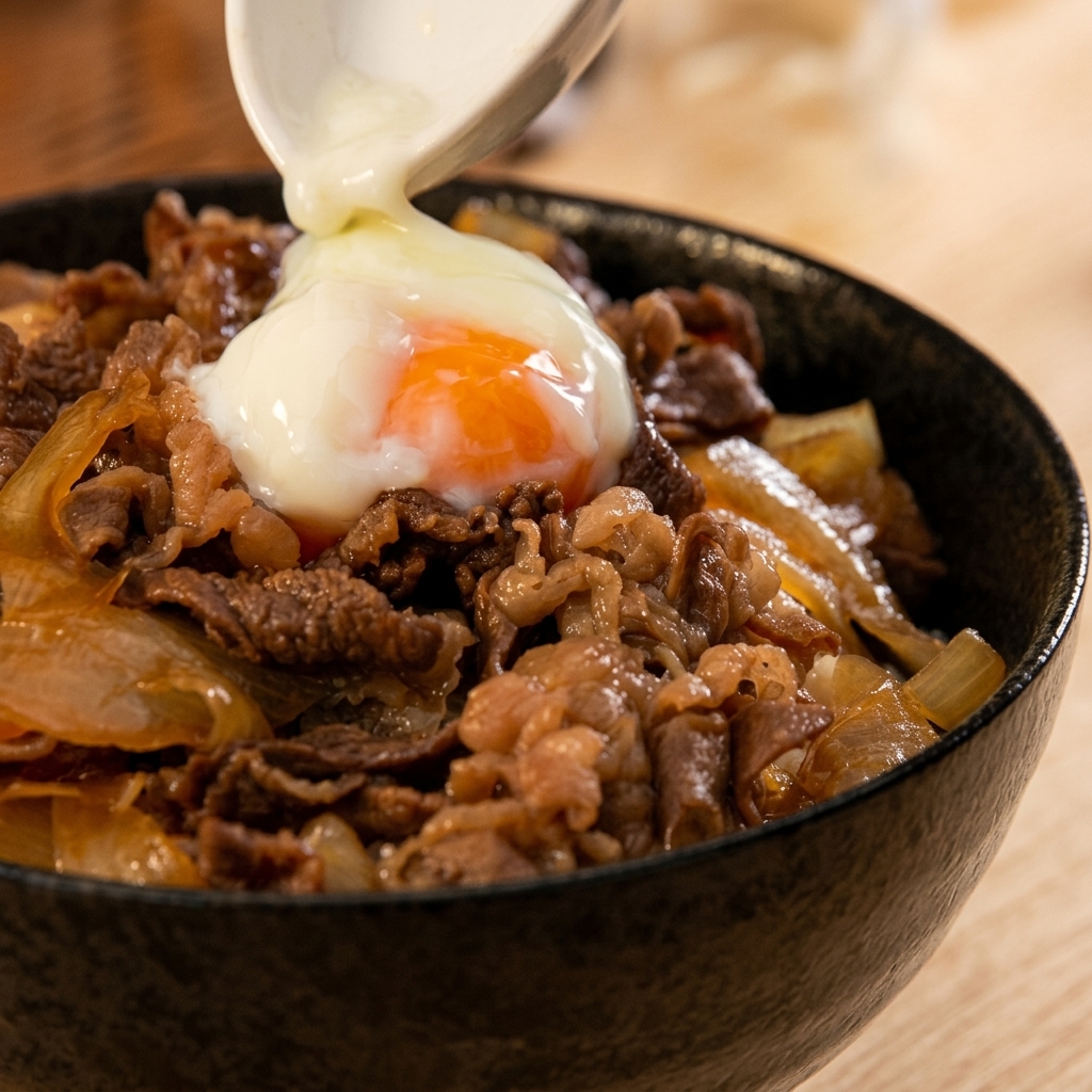 Un huevo onsen perfectamente cocido deslizándose desde una cuchara blanca hacia el centro de la carne cocinada.