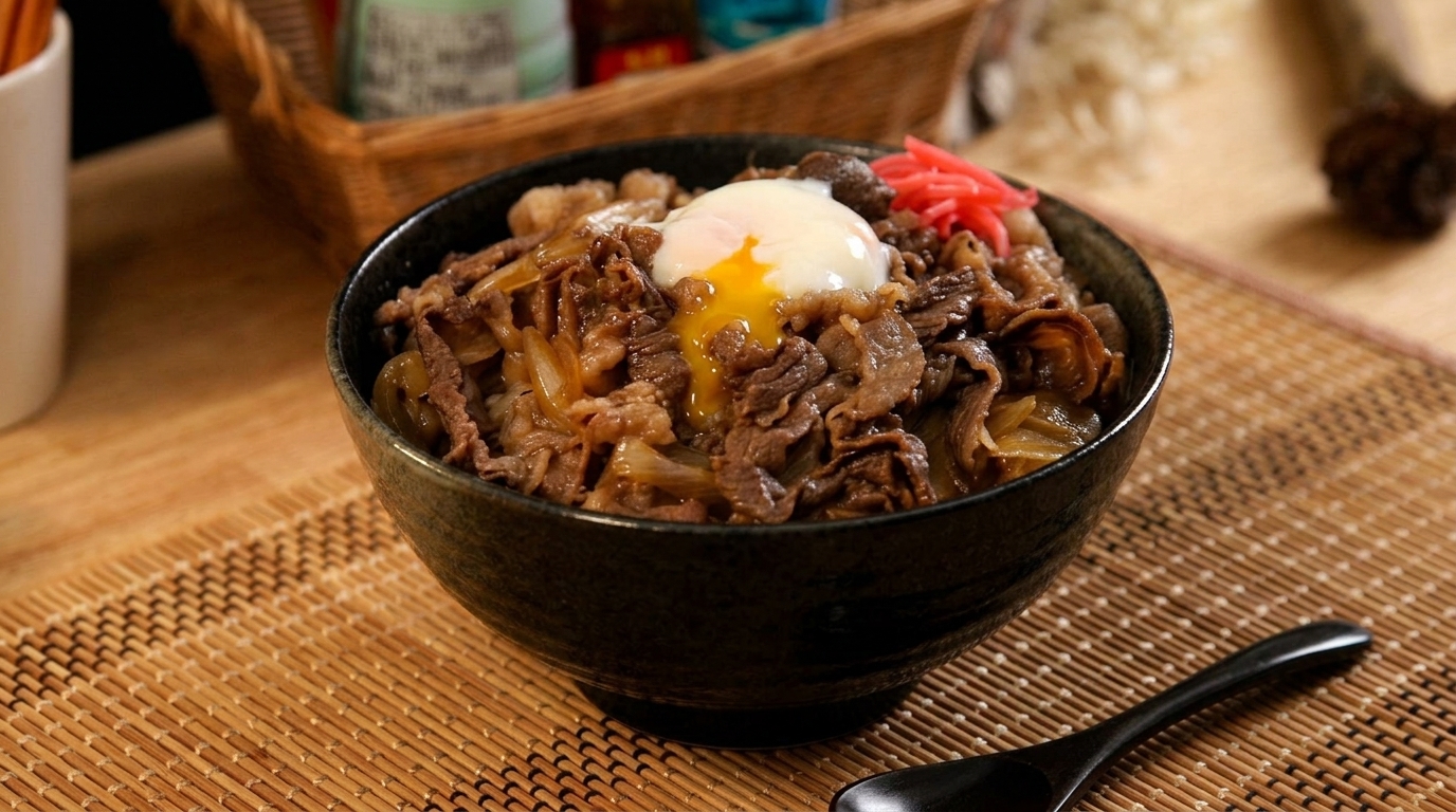 Gyudon estilo Sukiya (Tazón de ternera japonés) con Huevo Onsen