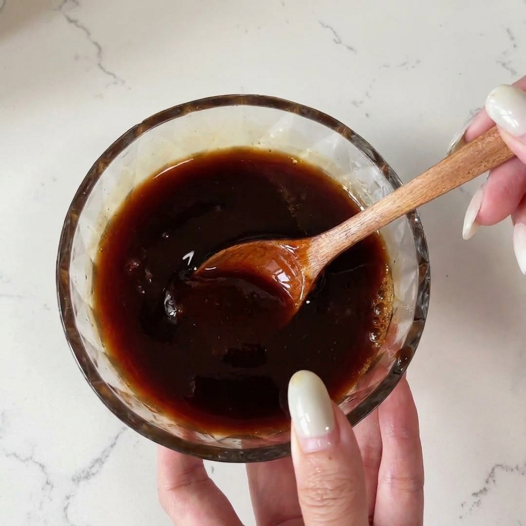 Una salsa oscura de condimentos siendo removida con una pequeña cuchara de madera dentro de un bol de cristal.
