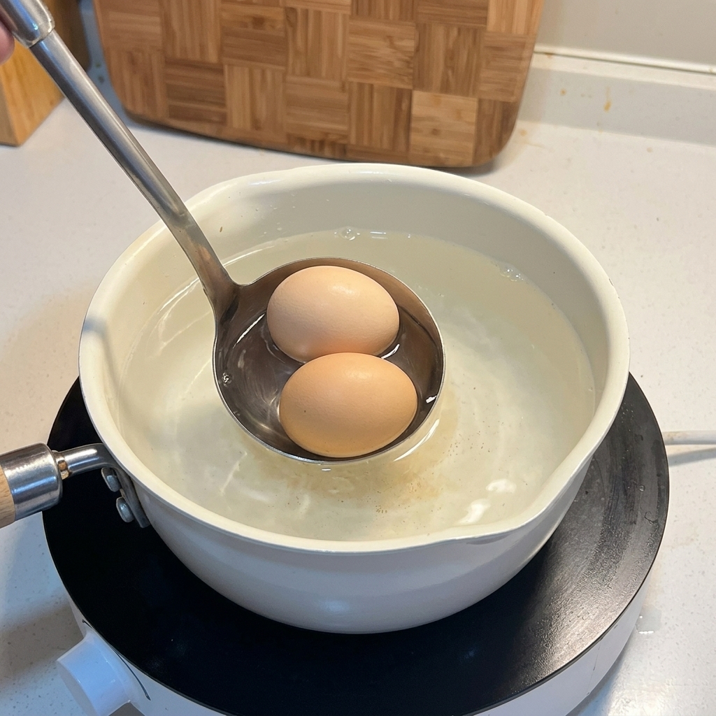 Usando un cucharón de metal para colocar suavemente dos huevos con cáscara en una olla con agua caliente.