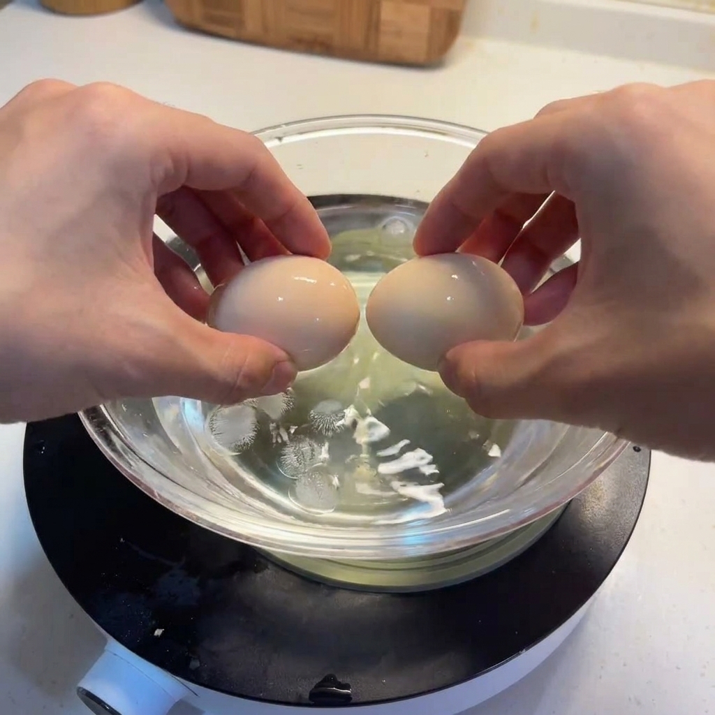 Dos manos colocando huevos cocidos en un tazón de cristal transparente lleno de agua con hielo.