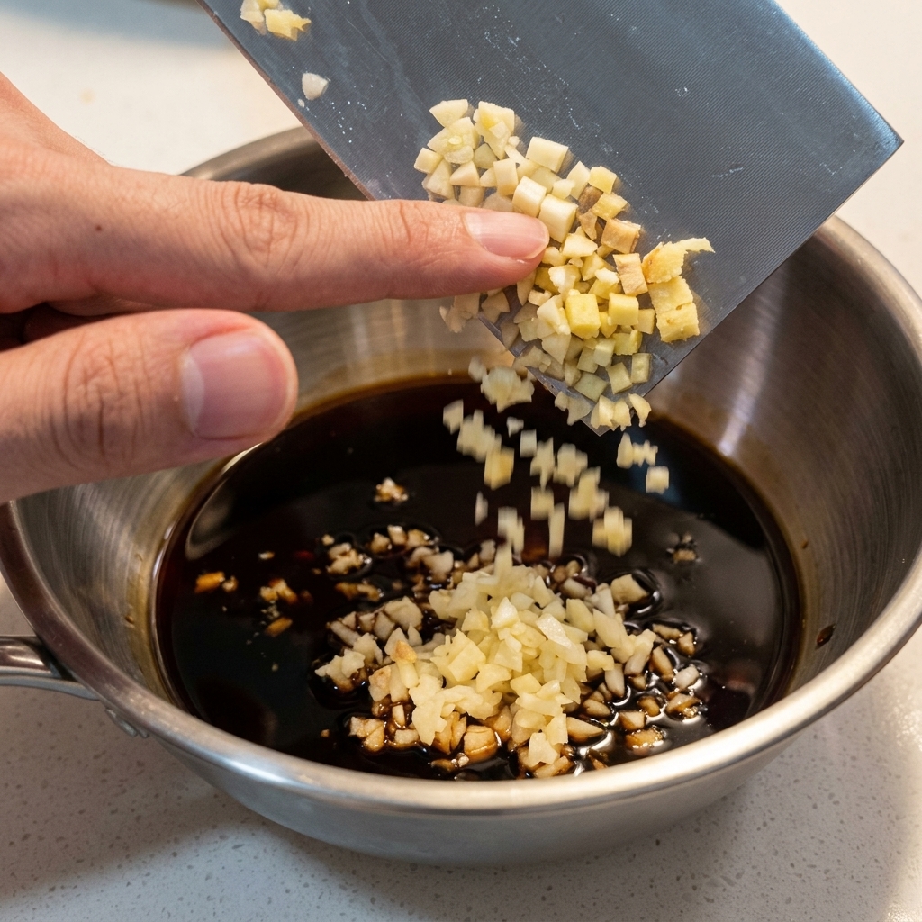 Deslizando ajo y jengibre picados desde un cuchillo de cocina metálico hacia un tazón con salsa oscura.
