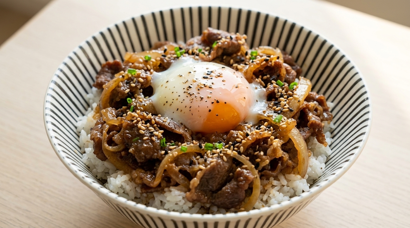 Un tazón humeante de Gyudon clásico japonés, con finas láminas de ternera, cebolla dulce y un huevo onsen perfectamente cremoso.