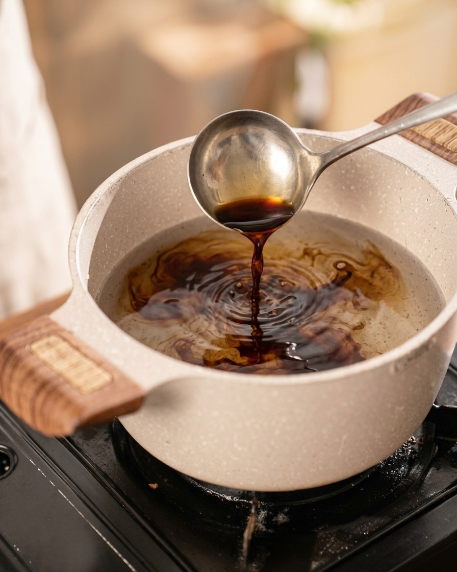 Un cucharón vertiendo salsa de soya oscura en una olla con agua limpia para crear la base del marinado.