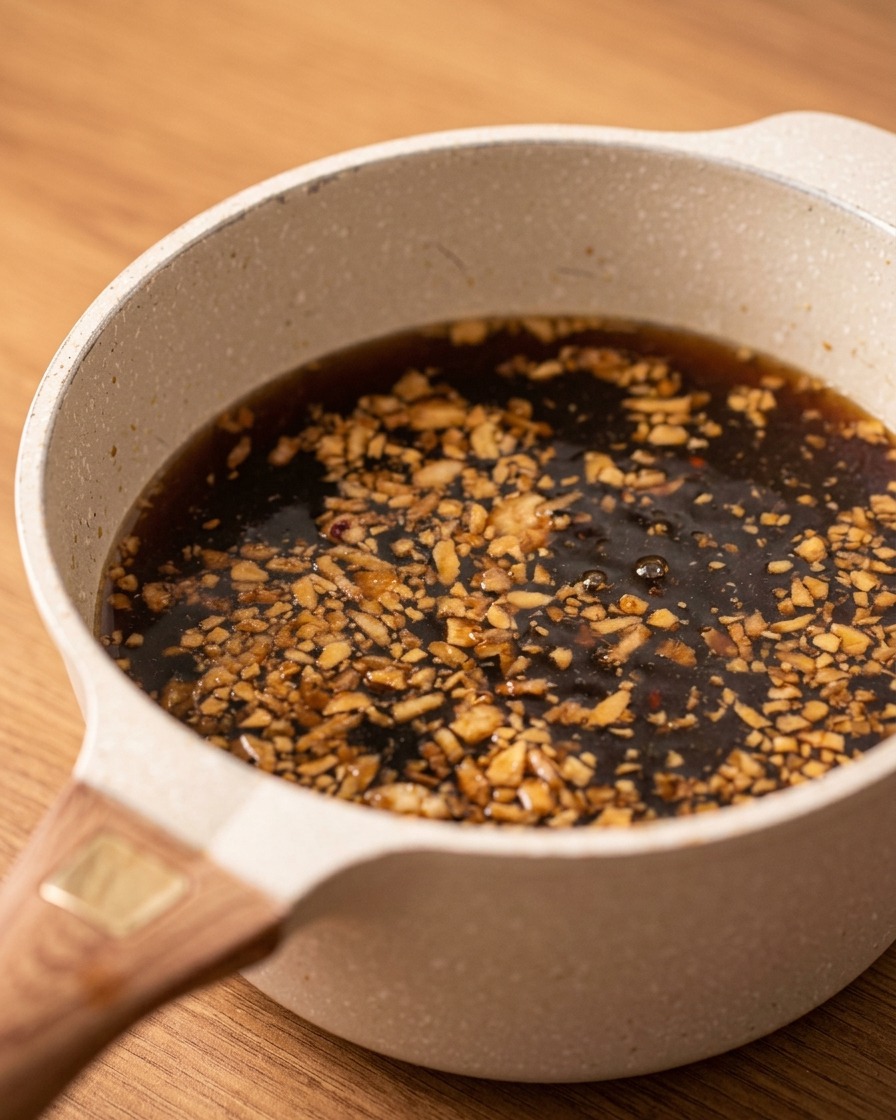Una olla llena de líquido de estofado oscuro cubierta con chalotas fritas picadas y ajo.