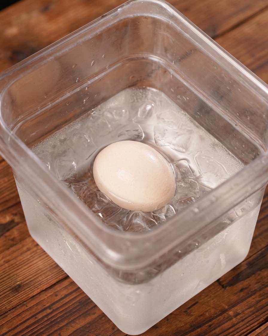 Un huevo cocido reposando en un recipiente de plástico transparente lleno de agua y cubos de hielo.