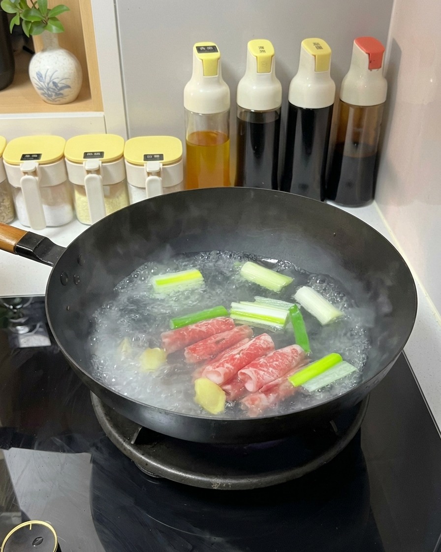 Rollos finos de ternera grasa cruda siendo sumergidos en una olla de agua hirviendo con jengibre y cebolletas.