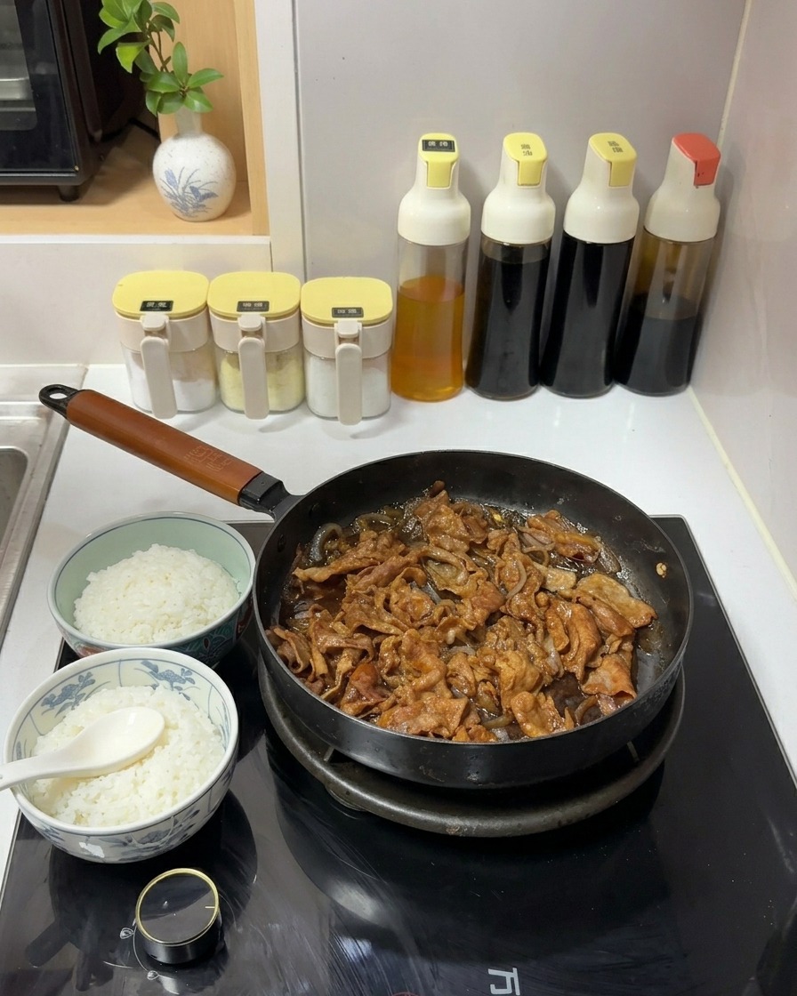 Láminas de ternera y cebolla hirviendo a fuego lento en una salsa oscura y sabrosa en una sartén junto a dos tazones de arroz blanco.