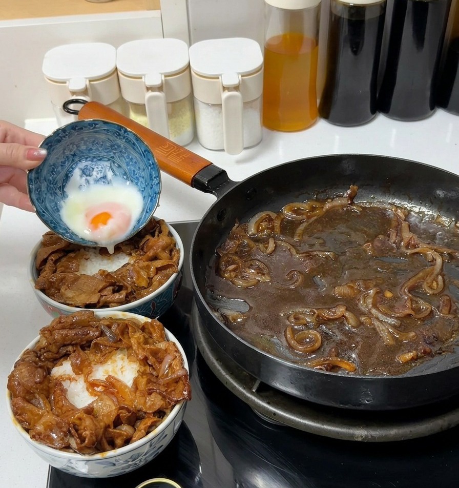 Una persona vertiendo un huevo onsen poco cocido desde un tazón de cerámica azul con motivos decorativos sobre un tazón de arroz cubierto con ternera.