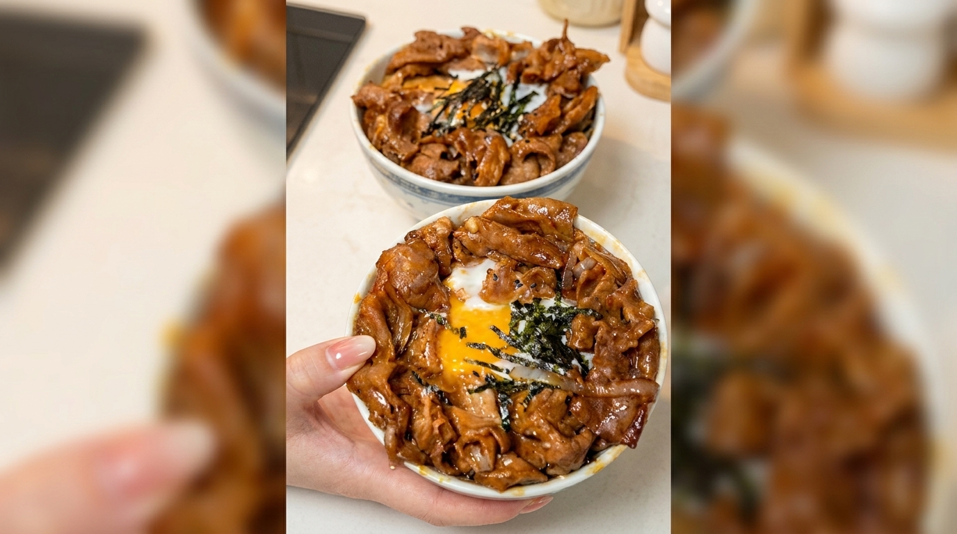 Tazón de ternera japonés clásico (Gyudon) con huevo Onsen