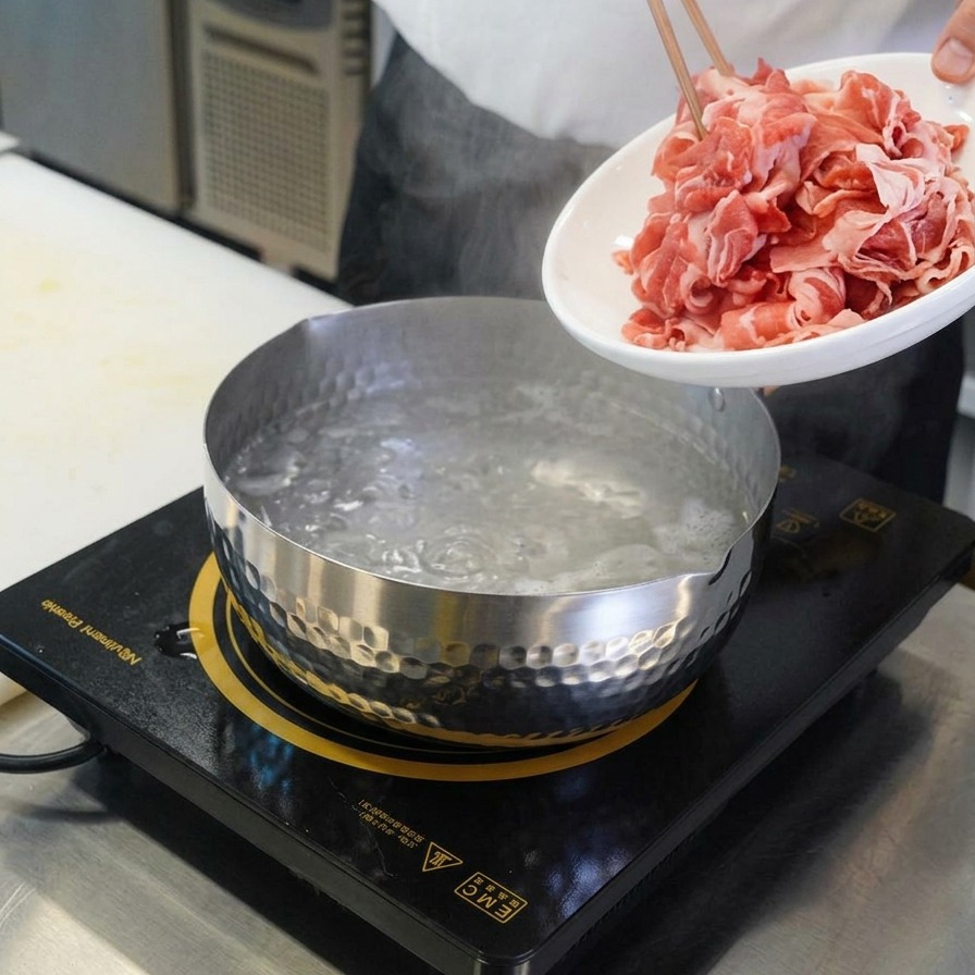 Unos palillos levantando un montón de láminas finas de ternera cruda de color rosa desde un plato blanco hacia una olla de metal con agua hirviendo.