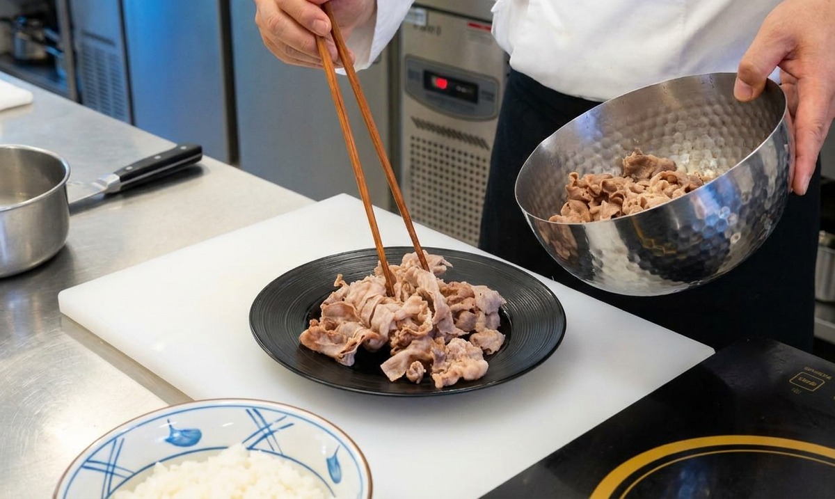 Una persona usando palillos largos de madera para pasar las láminas de ternera cocinadas desde un cuenco de metal a un plato negro plano.