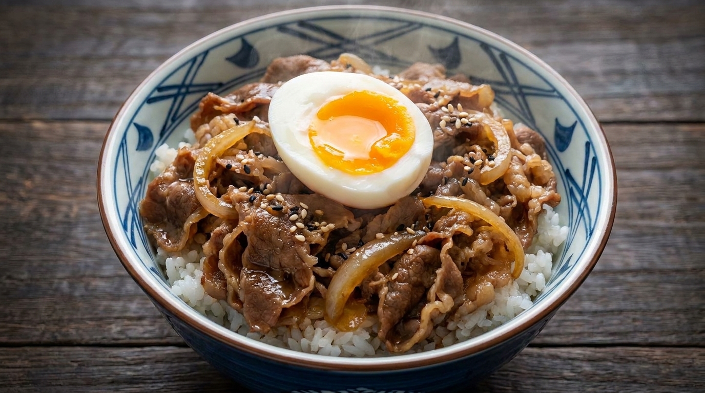 Tazón de ternera japonés (Gyudon) con huevo onsen