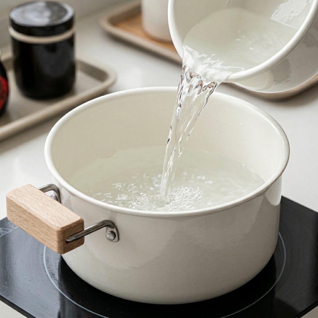 Agua caliente transparente vertiéndose en una olla blanca con revestimiento cerámico sobre una placa de cocina negra.