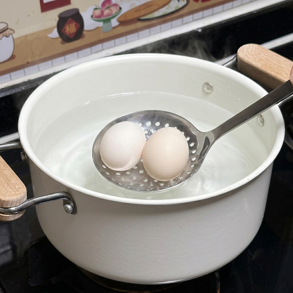 Dos huevos crudos enteros siendo introducidos en una olla blanca de cerámica con agua tibia usando una espumadera de acero inoxidable.