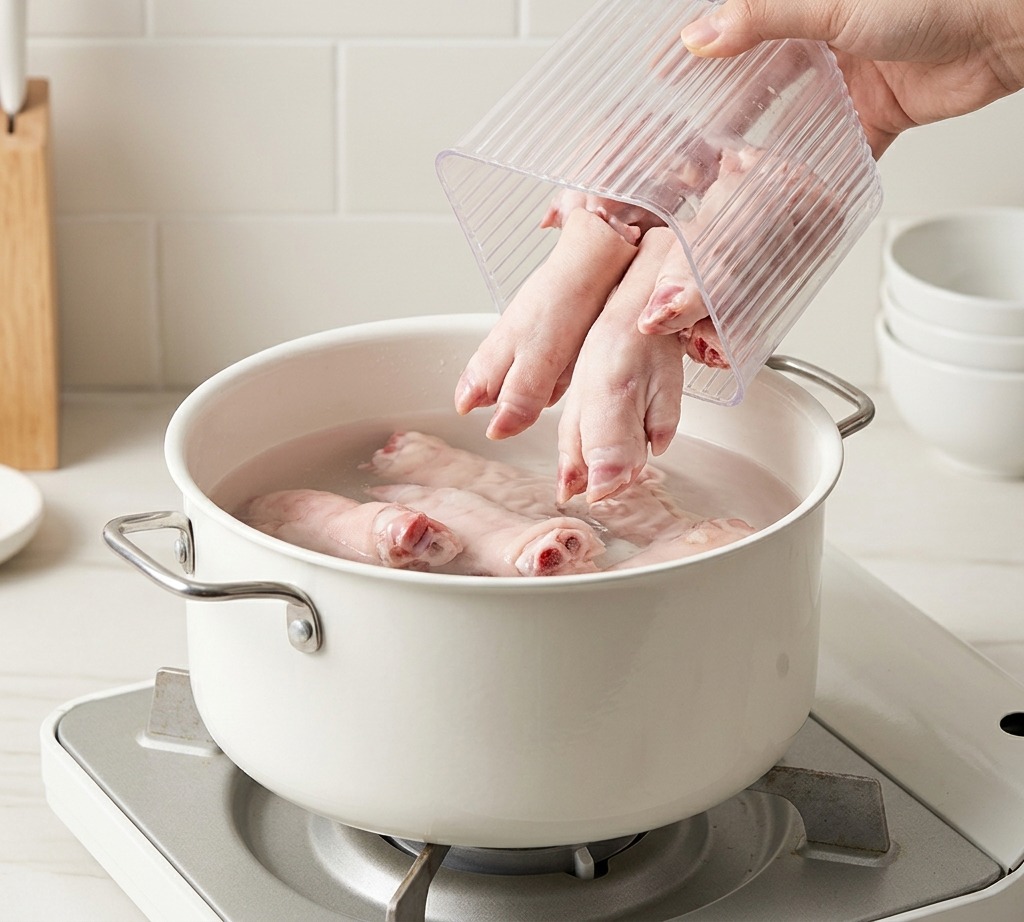 Una mano vertiendo rollos de carne de ternera cruda laminada desde un recipiente a una olla de agua hirviendo con aromáticos.