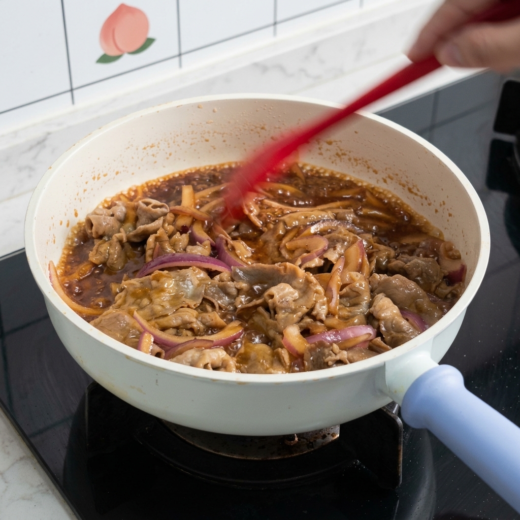 Ternera finamente laminada y aros de cebolla roja salteándose con una espátula roja en una sartén blanca llena de salsa teriyaki marrón burbujeante.