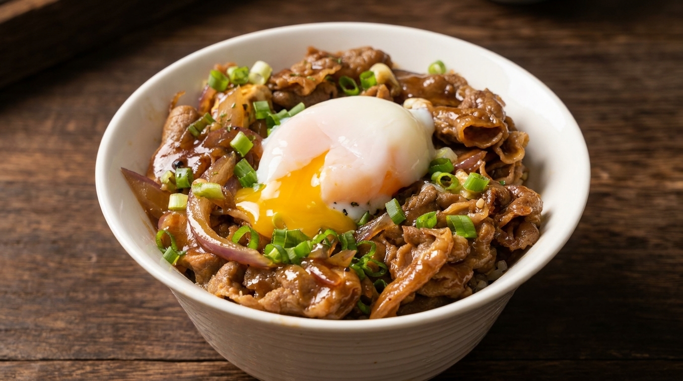 Donburi de teriyaki de ternera rápido con huevo onsen perfecto