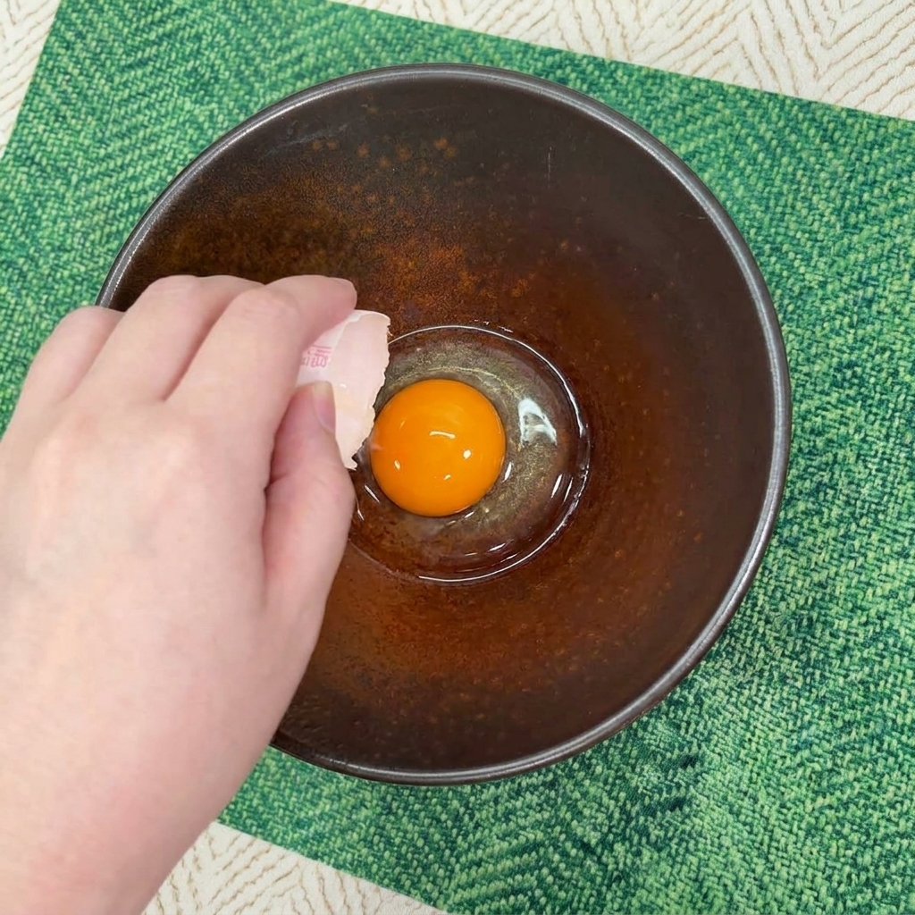 Una mano usando la cáscara para depositar una yema de huevo naranja brillante en un cuenco cerámico oscuro.