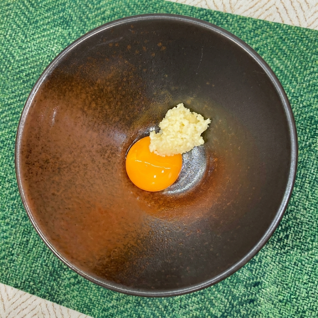 Ajo picado junto a una yema de huevo cruda en un cuenco oscuro.