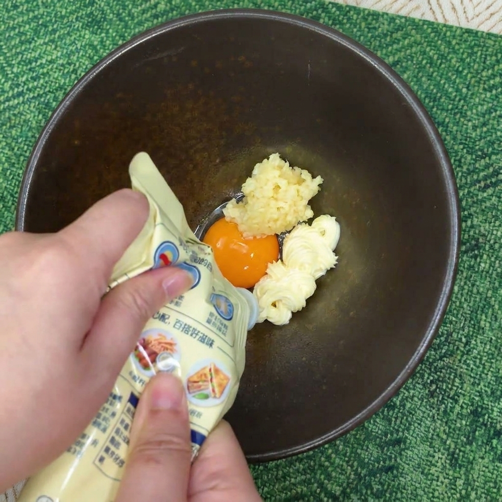Manos apretando un tubo de mayonesa sobre la yema de huevo y el ajo picado en un cuenco oscuro.