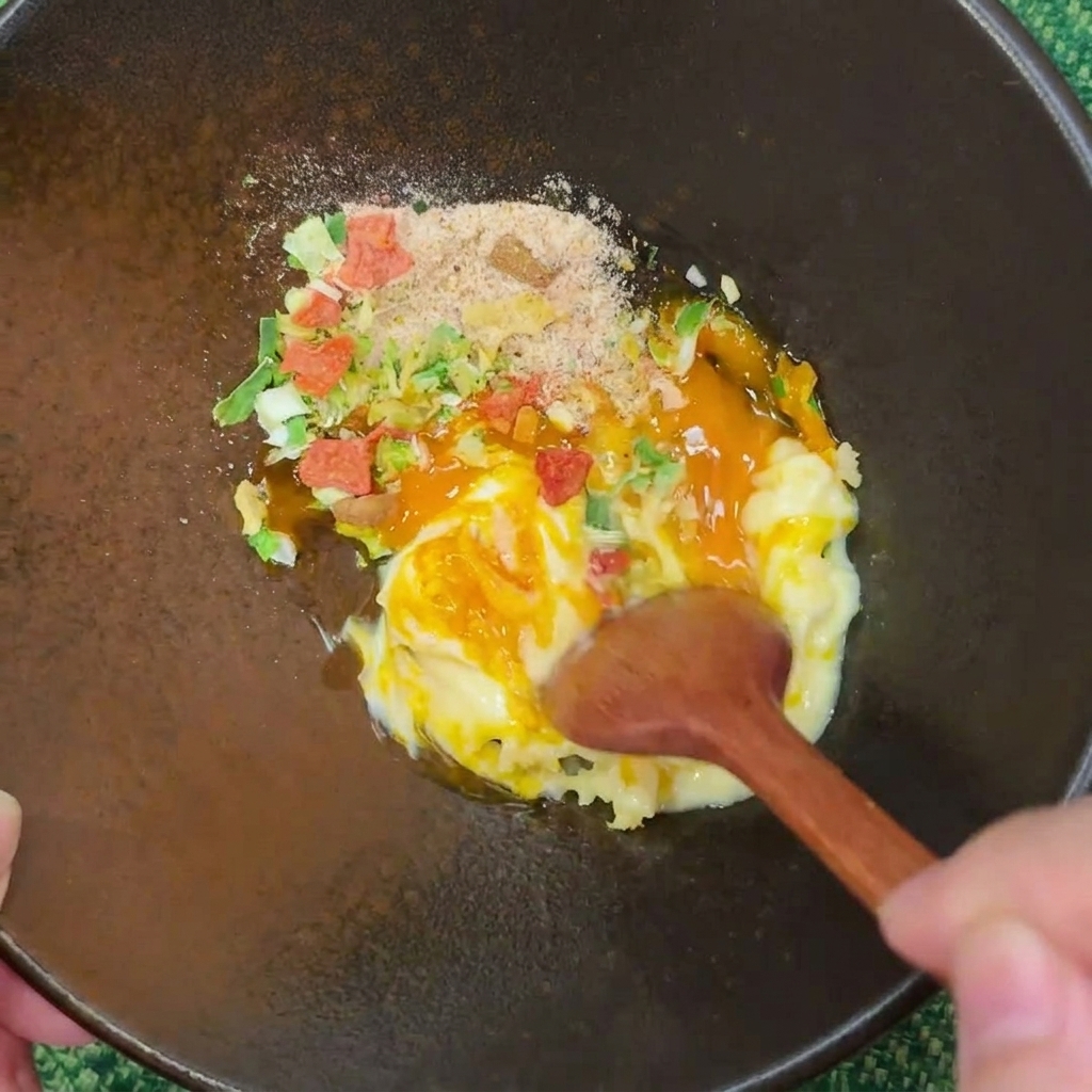 Una cuchara de madera removiendo una pasta espesa de yema, mayonesa, ajo y condimentos en un cuenco oscuro.