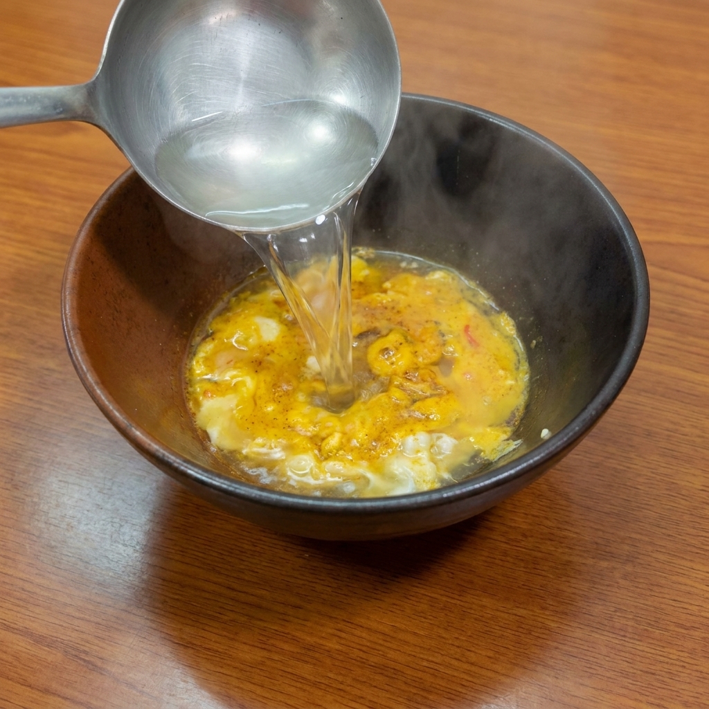 Un cazo de metal vertiendo agua caliente en un cuenco cerámico que contiene una pasta de condimento amarilla.