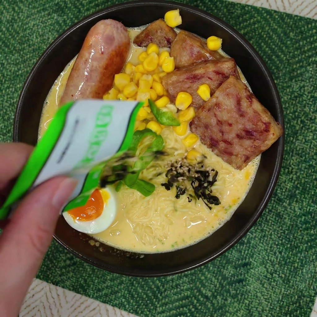 Una mano espolvoreando copos de alga y semillas de sésamo sobre un cuenco de ramen completo.