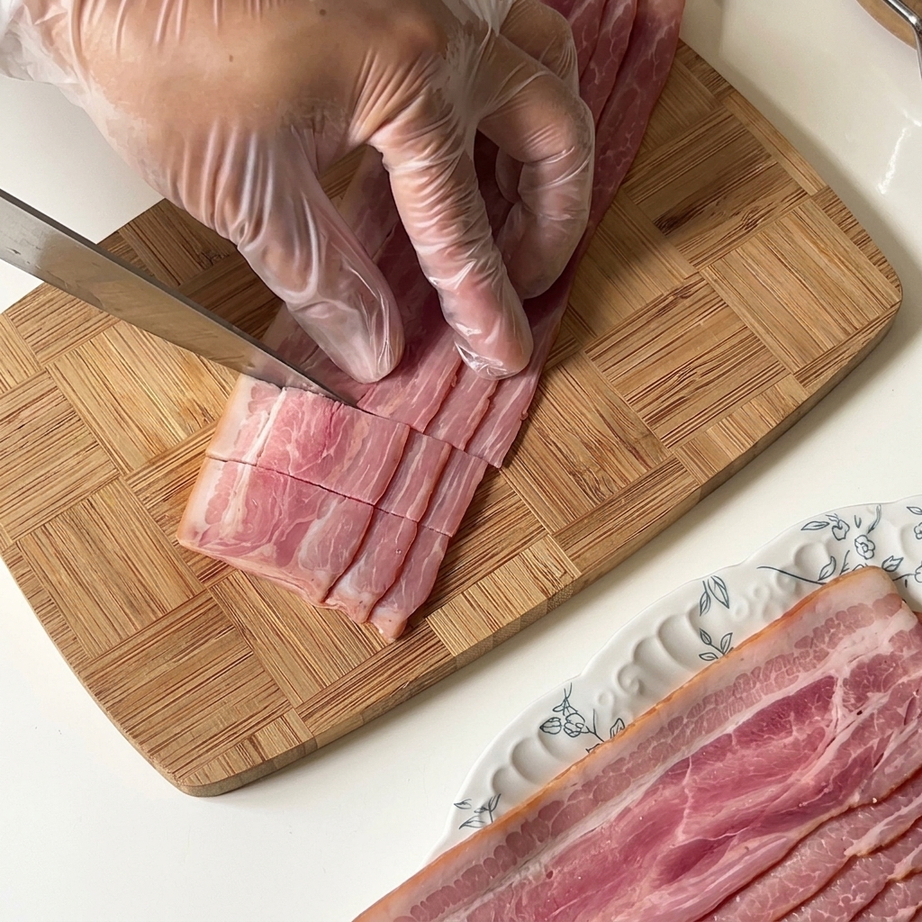 Manos cortando tiras de beicon crudo en pequeños segmentos rectangulares.