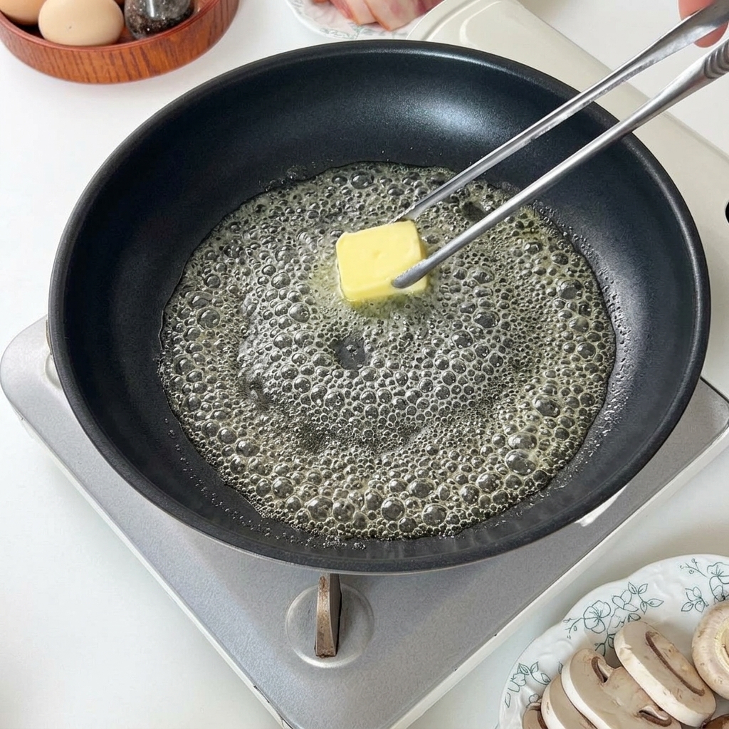 Un trozo de mantequilla derritiéndose y burbujeando suavemente en una sartén negra caliente.