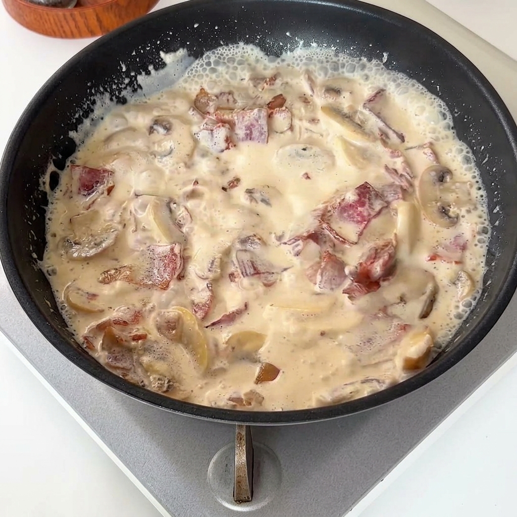 Sartén con la salsa de crema burbujeando suavemente con trozos de beicon y champiñones.