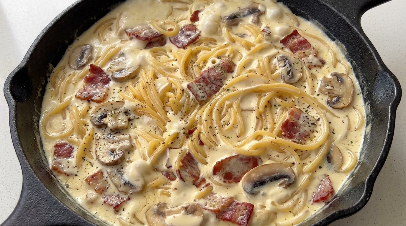 Espaguetis Cremosos con Champiñones y Beicon