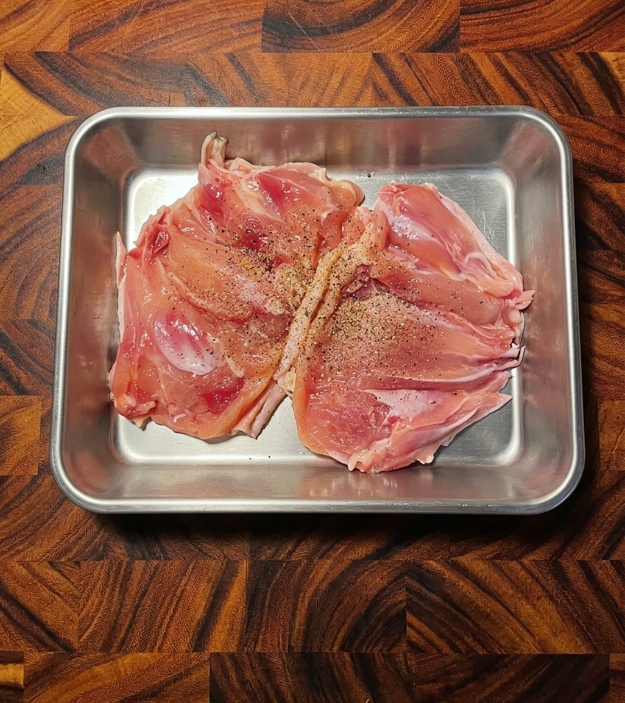Primer plano de contramuslos de pollo deshuesados y sazonados con pimienta negra en una bandeja de acero inoxidable.