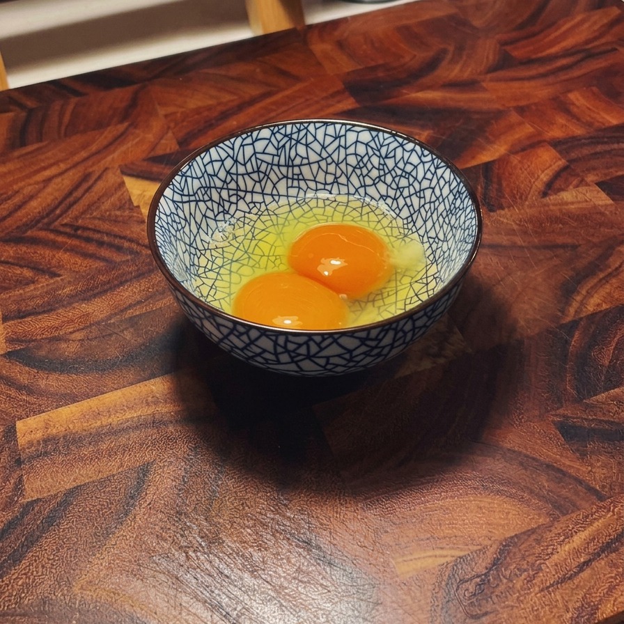 Dos huevos crudos en un bol de cerámica con motivos azules y blancos apoyado sobre una superficie de madera.