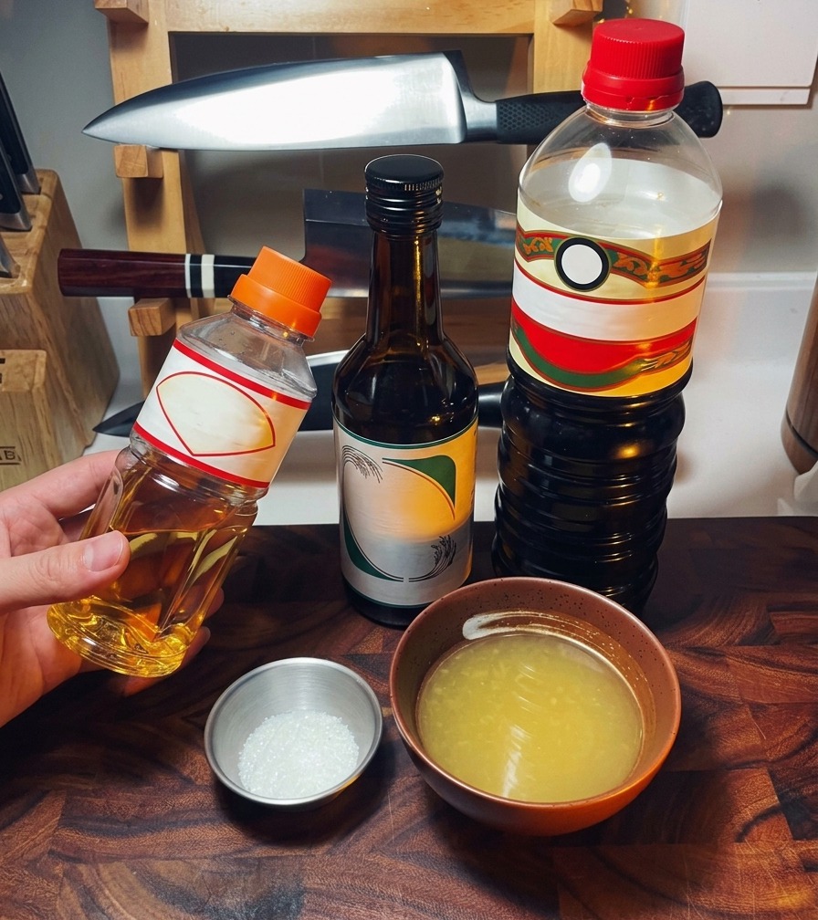 Botellas de condimentos japoneses junto a pequeños boles con azúcar y caldo dispuestos sobre la encimera.