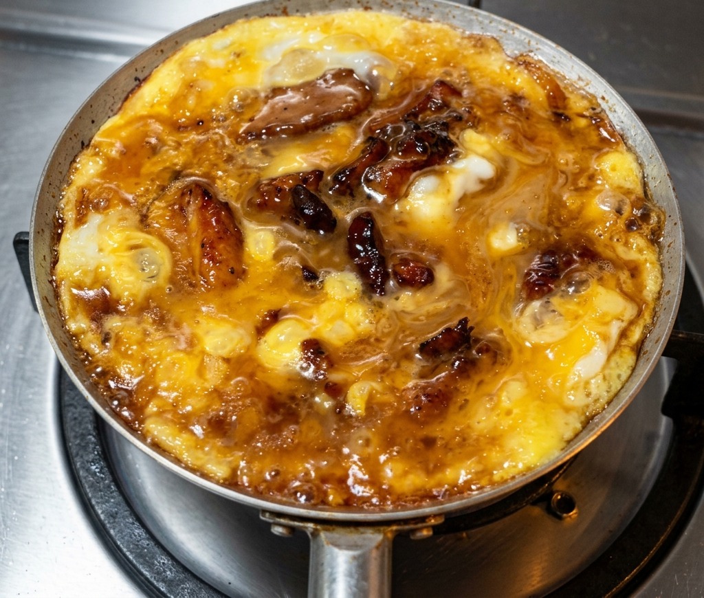 Primer plano de un oyakodon en la sartén con el huevo perfectamente semicuajado, brillante y jugoso.