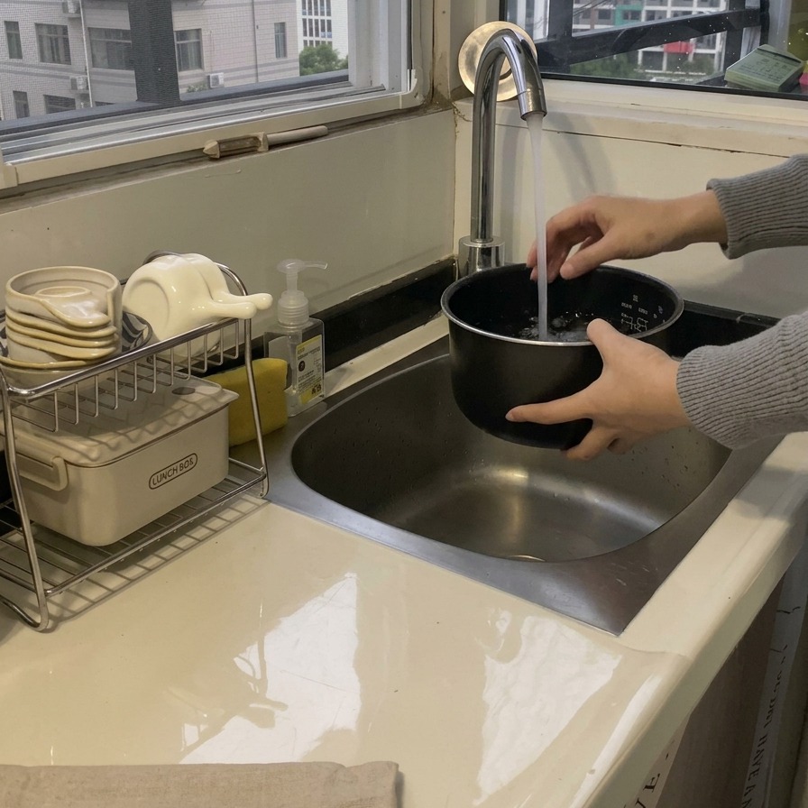 Una persona lavando arroz en una olla negra bajo el grifo de la cocina, con las manos removiendo el agua y los granos en el fregadero.