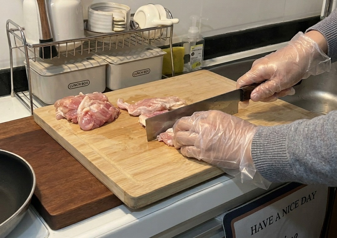 Manos con guantes cortando carne cruda y rosada de contramuslo de pollo en trozos pequeños con un cuchillo de chef afilado sobre una tabla de cortar de madera.