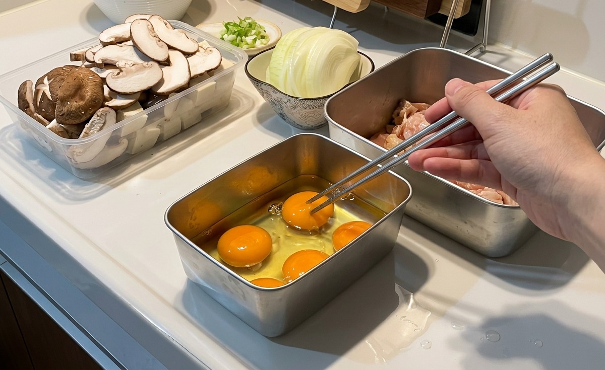 Palillos metálicos rompiendo las yemas de varios huevos crudos en un recipiente metálico rectangular rodeado de boles con cebolla picada.