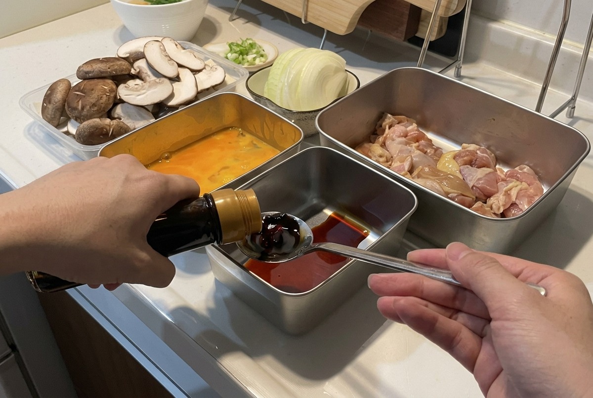 Una persona vertiendo salsa de soja oscura desde una botella en una cuchara sobre un recipiente metálico con líquido, rodeada de ingredientes preparados como setas y cebolla laminada.