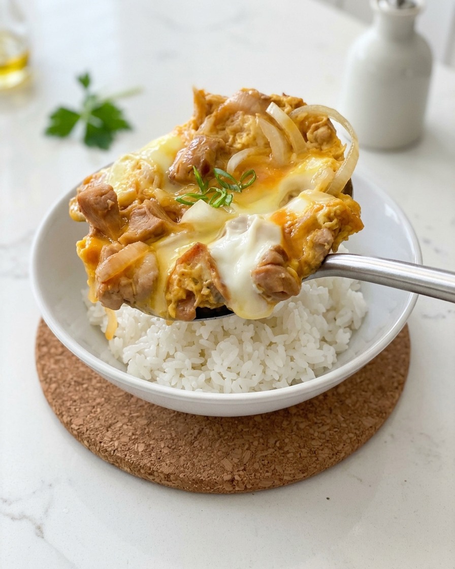 Una cuchara metálica grande levantando una porción de pollo cocinado y huevos tiernos sobre un bowl blanco de arroz vaporizado esponjoso.