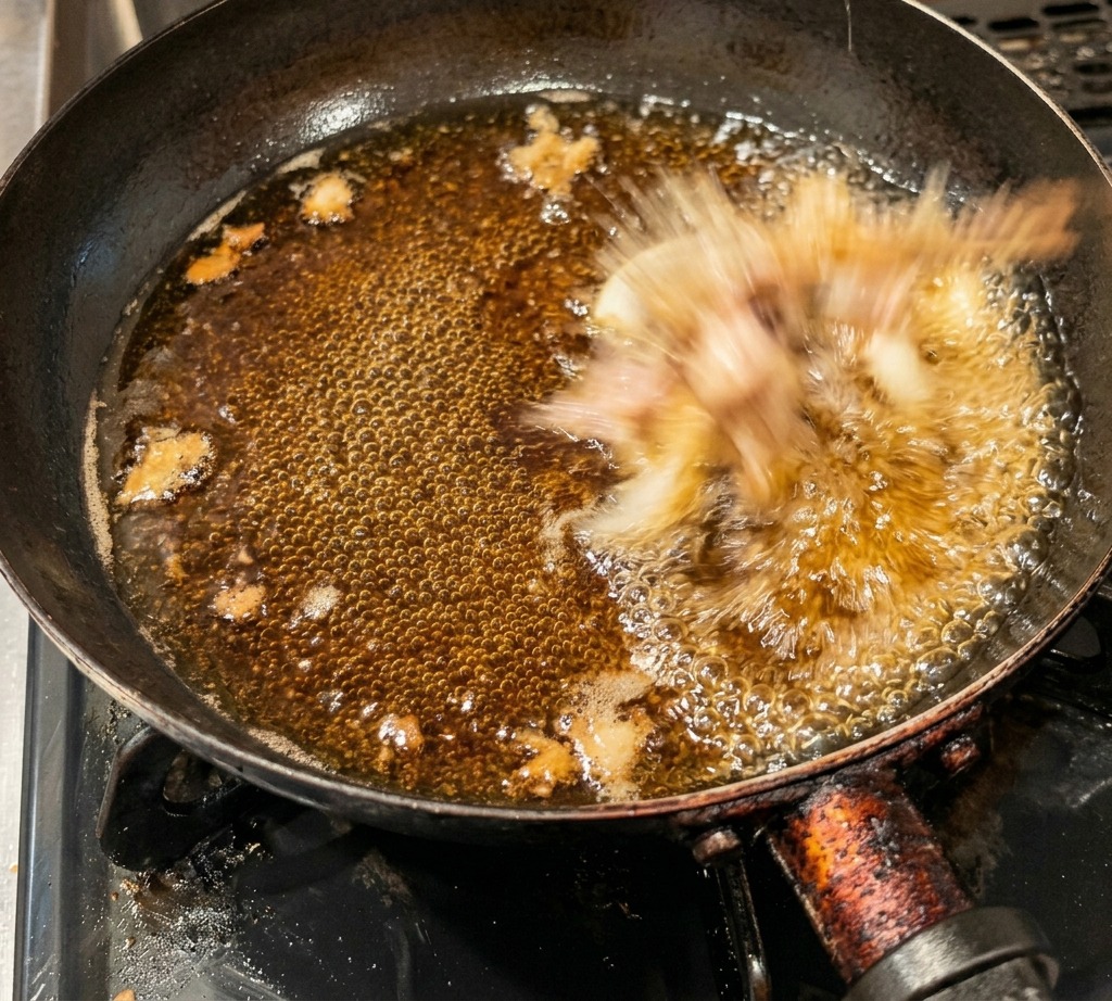 Pinzas de madera dejando caer trozos de pollo rosa crudo en una salsa oscura que burbujea en una sartén.