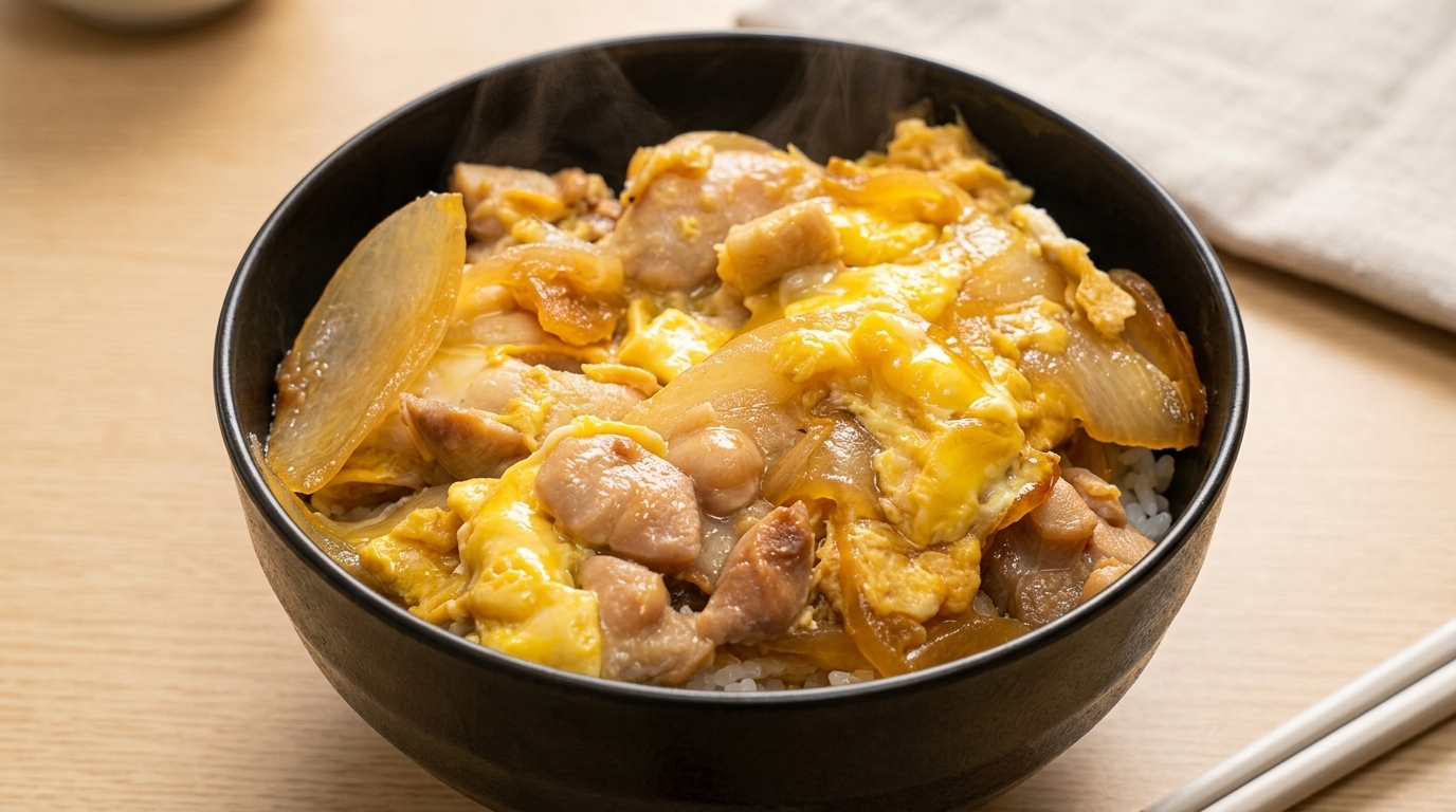 Un tazón caliente de oyakodon clásico con tierno pollo y huevos ligeramente cuajados sobre una base de arroz blanco al vapor.