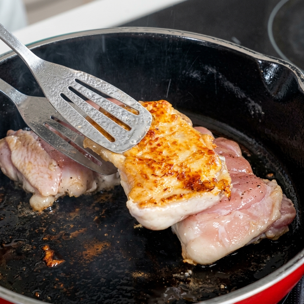 Una espátula levantando un trozo de pollo de una sartén para mostrar la piel dorada y perfectamente crujiente.