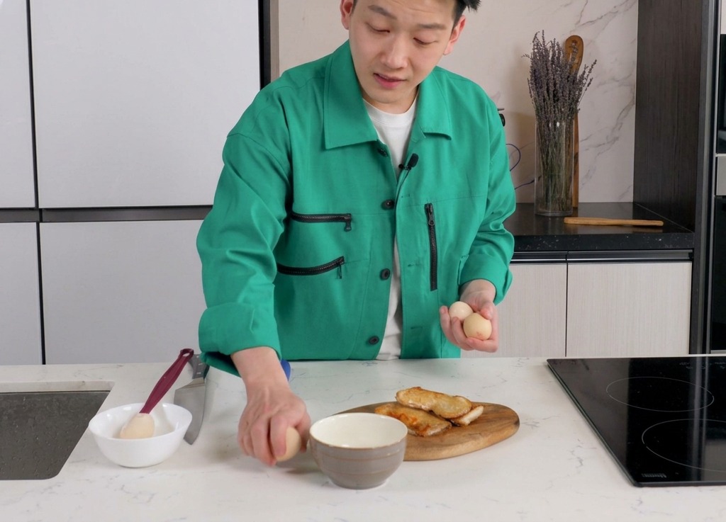 Un cocinero rompiendo huevos frescos en un tazón de cerámica sobre una encimera de cocina limpia.