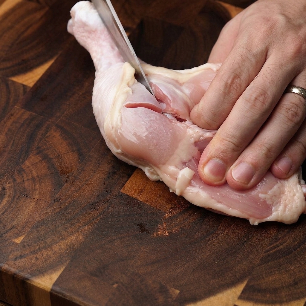 Manos usando un cuchillo afilado para cortar con cuidado un muslo de pollo crudo y retirar el hueso sobre una tabla de cortar de madera.