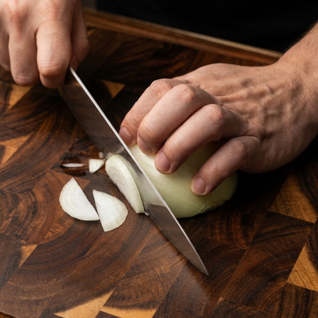 Manos usando un cuchillo afilado para cortar con cuidado una cebolla amarilla cruda por la mitad en tiras sobre una tabla de cortar de madera oscura.