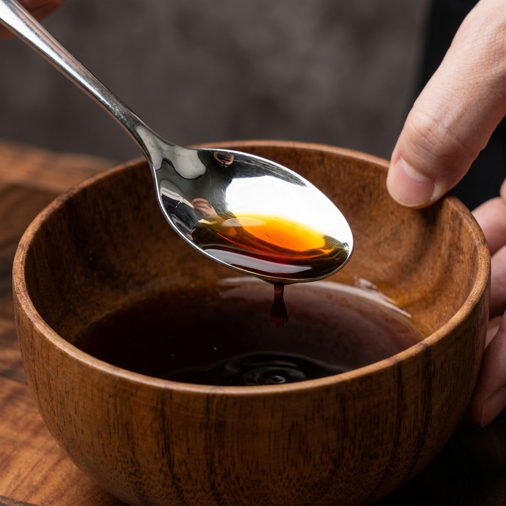 Una cuchara de metal levantando salsa japonesa oscura y brillante de un pequeño bol de madera para mostrar su rica consistencia.