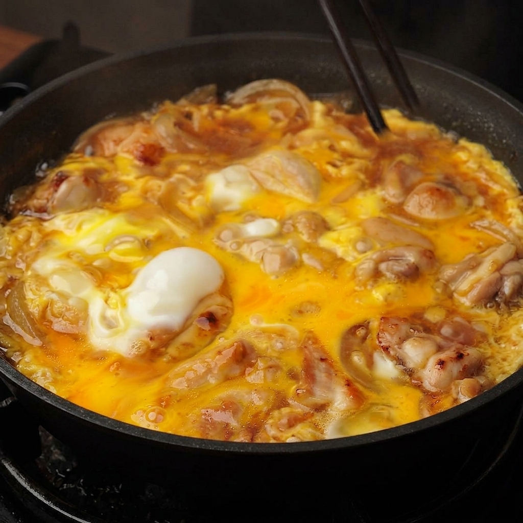 Palillos moviéndose suavemente a través de una sartén burbujeante con huevos semicualados y pollo en una sabrosa salsa marrón.