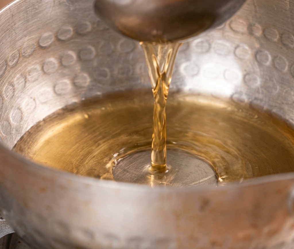 Caldo dashi transparente vertiéndose desde un cucharón de acero inoxidable en una olla de metal martillado sobre una estufa.
